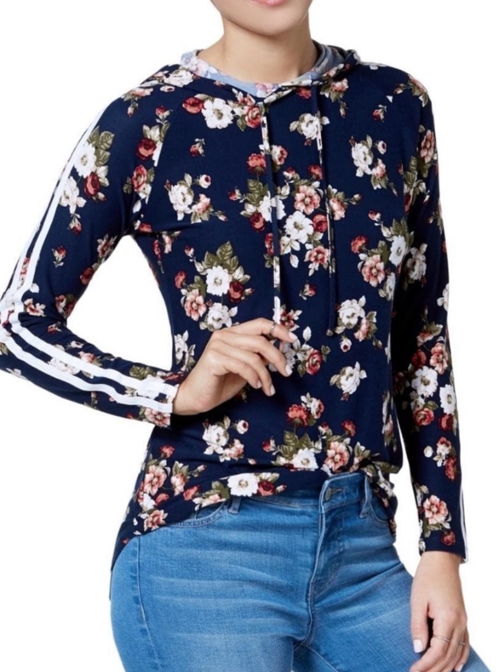 Women’s Small Football Hoodie Floral Navy Blue Lightweight Long Sleeve Top